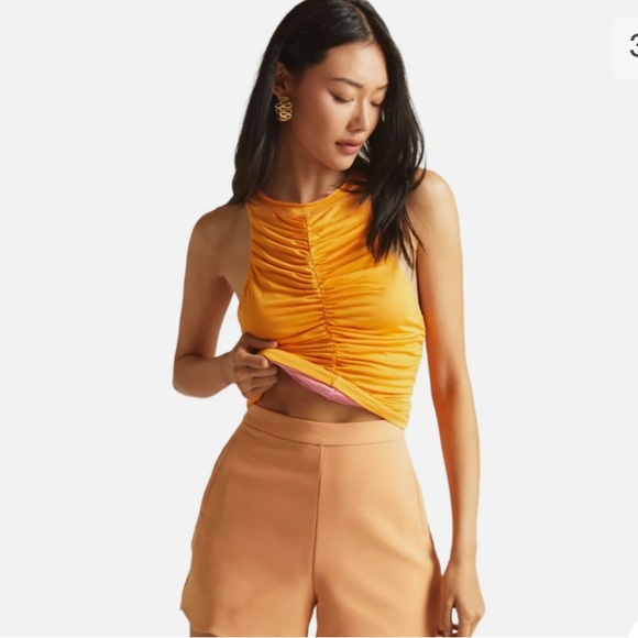 PILCRO for Anthropologie Reversible Ruched Sleeveless Top in Pink and Orange - Picture 3 of 10